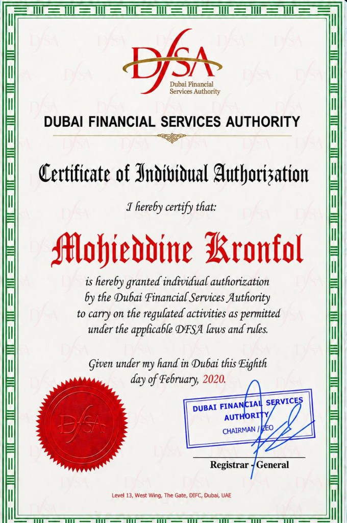 DFSA Certificate of Individual Authorization — Mohieddine Kronfol