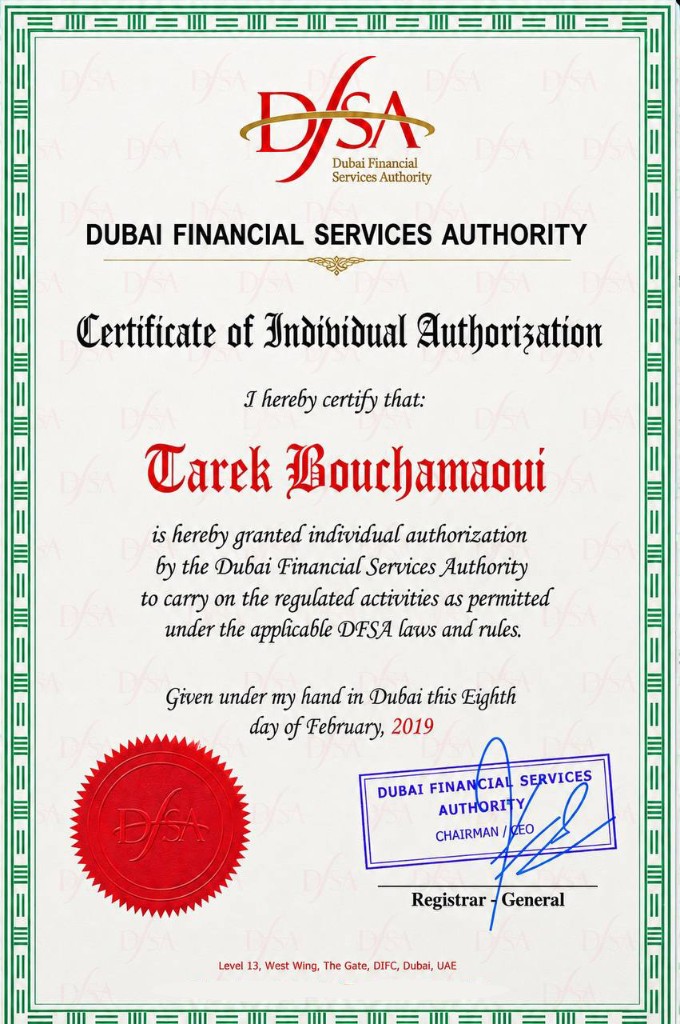 DFSA Certificate of Individual Authorization — Tarek Bouchamaoui